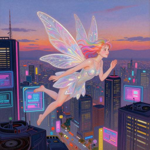 Digital anime-style artwork of a glowing, translucent fairy with rainbow wings flying over a neon-lit, futuristic cityscape at sunset.