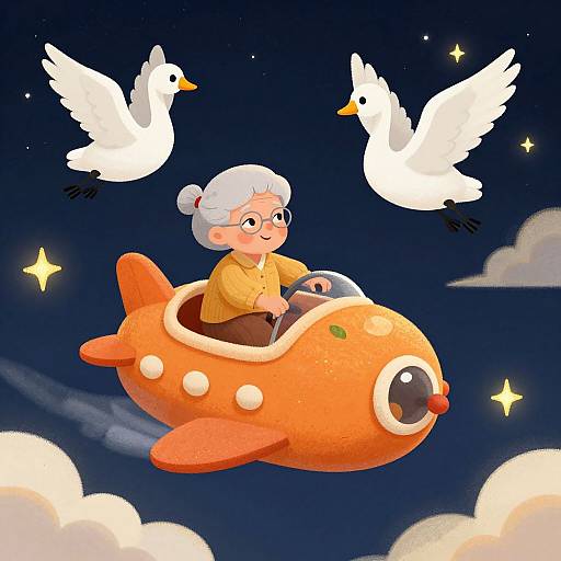 Cartoon-style illustration of an elderly woman with white hair, wearing glasses and a yellow shirt, flying an orange airplane with white dots, accompanied by two