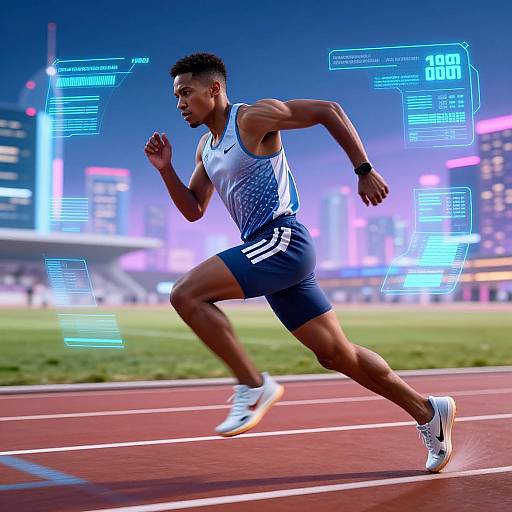 Photograph of a muscular Black male sprinter in blue and white athletic gear, running on a track with futuristic digital overlays in a cityscape background at