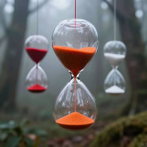 Photograph of three glass hourglasses hanging in a foggy forest, with red sand in the foreground hourglass and white sand in the background ones