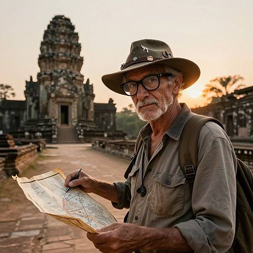 Photograph of an elderly Caucasian man with glasses, gray beard, and khaki outfit, holding a map, standing in front of ancient stone temples at