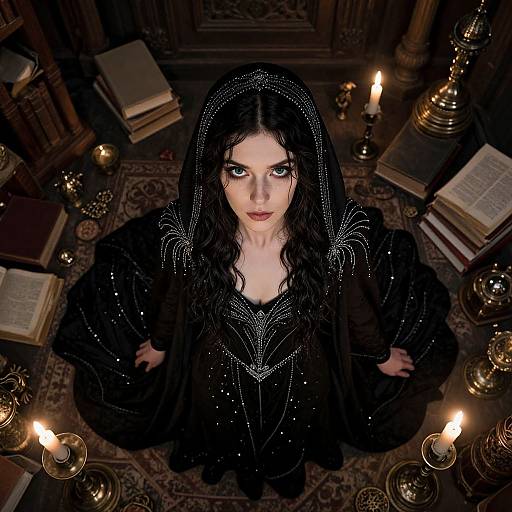Photograph-style digital artwork: Pale-skinned, dark-haired woman in black, sparkly dress with veil, surrounded by candles, books, and orn