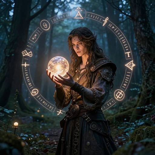 Fantasy forest photograph of a long-haired, mysterious woman in medieval attire holding a glowing, ethereal orb with mystical symbols circling behind her.