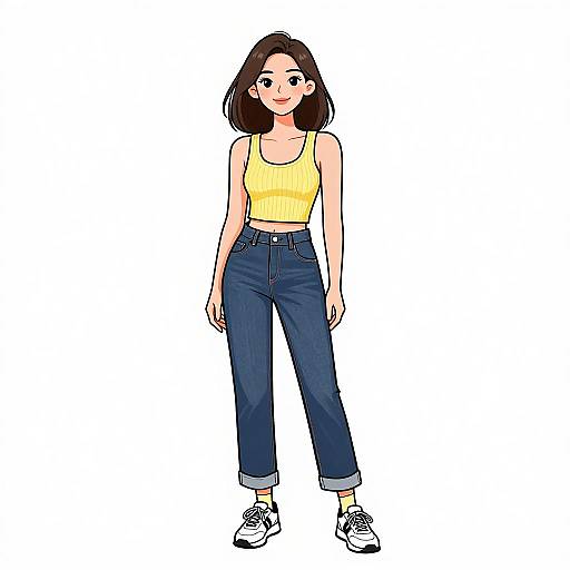 Digital illustration of an Asian woman with medium-length black hair, wearing a yellow crop top, high-waisted blue jeans, and white sneakers, standing