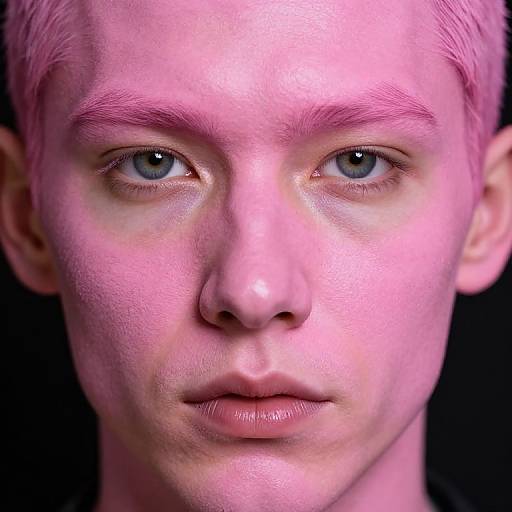 Close-up photograph of a young man with pale pink hair and skin, blue eyes, and a serious expression against a black background.
