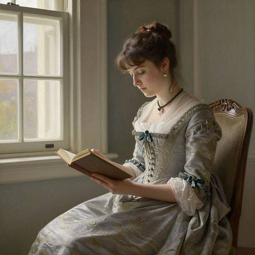 Photograph of a fair-skinned woman in an 18th-century-style blue and white dress, reading a book by sunlight streaming through a window in