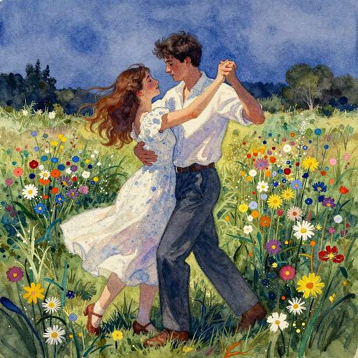 Young Couple Dancing in Wildflower Field Watercolor