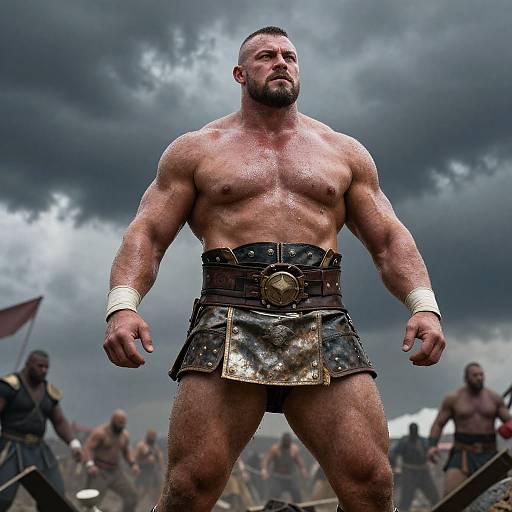 Heroic Rugged Strongman on Battlefield