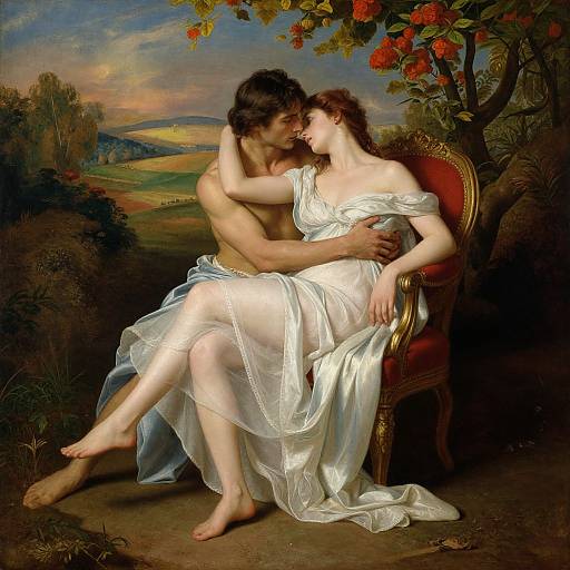 Romantic painting of a shirtless, muscular man embracing a fair-skinned woman in a white, off-shoulder dress, seated on an orn