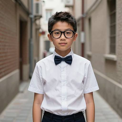 Photograph of an Asian boy with short black hair, wearing black-framed glasses, a white shirt, and black bow tie, standing in a narrow