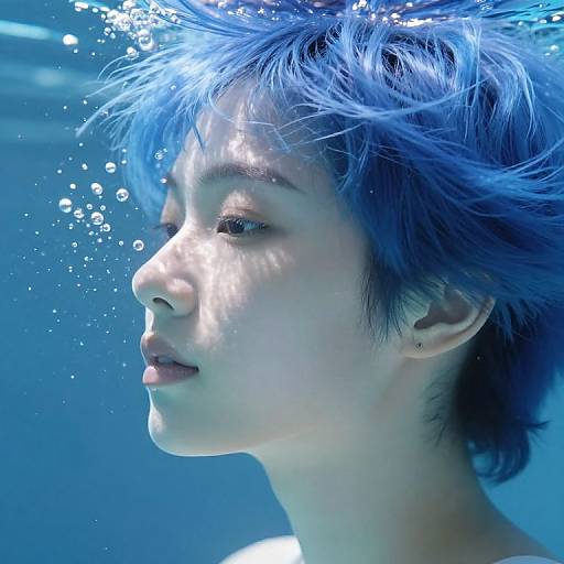 Photograph of an Asian person with short, spiky blue hair underwater, bubbles rising around their face, illuminated by blue light.