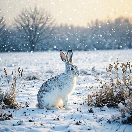 White Hare in Snowy Winter Field