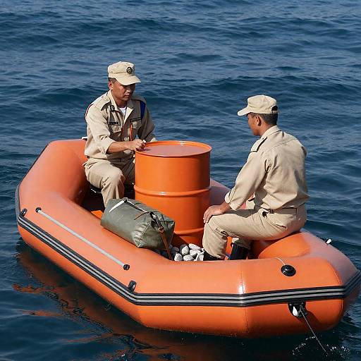 Two Soldiers in Orange Raft with Barrel