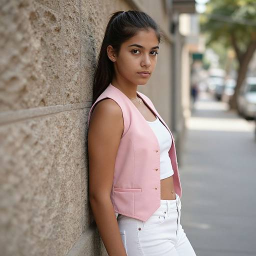 Photograph of a young woman with long black hair, light brown skin, wearing a pink sleeveless vest and white high-waisted jeans, leaning