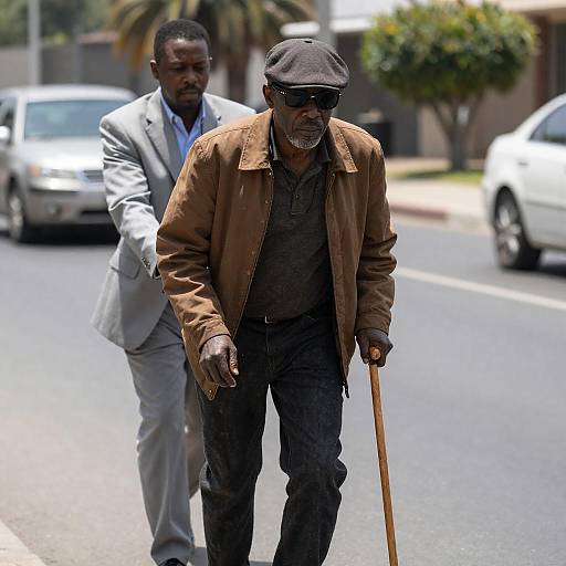 Man with Cane Being Assisted on Sunny Street
