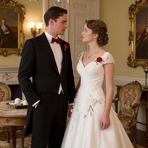 Photograph of a couple in formal attire, standing in an elegant, classic room; groom in black tuxedo, bride in white lace wedding dress