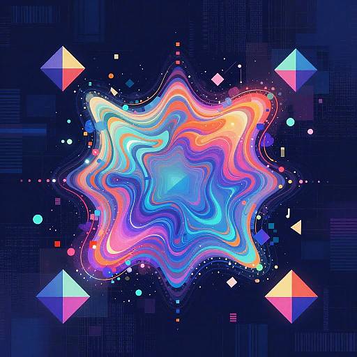 Digital abstract art featuring a colorful, wavy, neon-blue and pink central shape surrounded by geometric triangles and dots on a dark blue background.