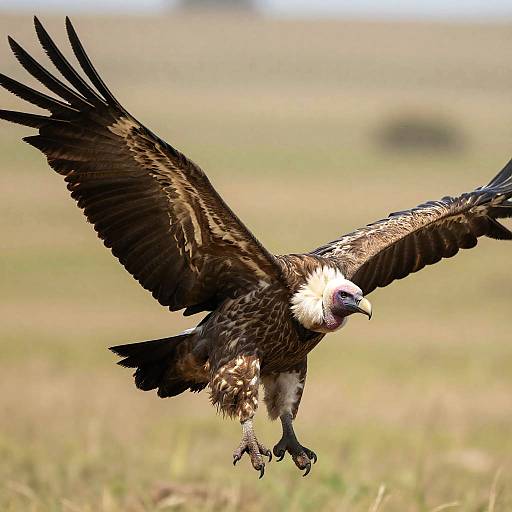 Photograph of a large, dark brown vulture with a white head, soaring with wings fully extended over a blurred grassy field.