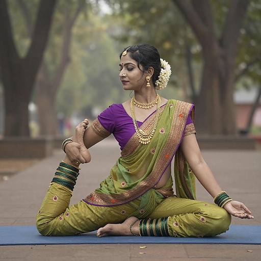 Photograph of an Indian woman in a traditional green and purple sari, gold jewelry, and white flower in hair, meditating in a park on