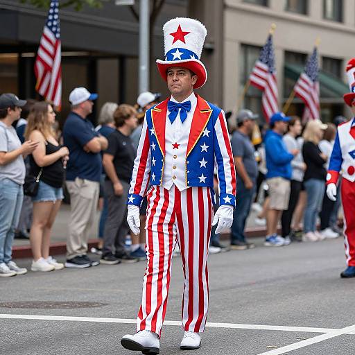 Photograph of a young man in a patriotic American flag outfit, top hat, and white gloves, walking in a parade with crowd and American flags in