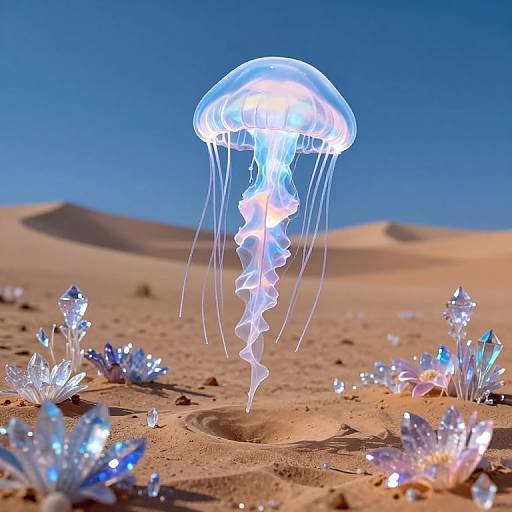 Photograph of a glowing, ethereal jellyfish hovering above a desert landscape with crystal formations under a clear, blue sky.