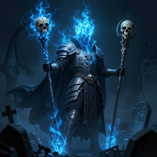 Digital artwork of a dark, armored skeleton warrior with glowing blue flames, holding two skull-topped staffs, standing over a graveyard.