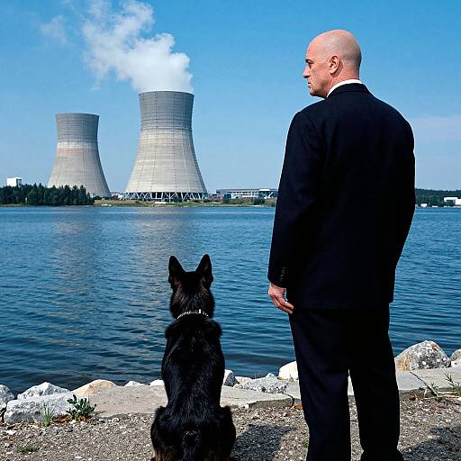 Bald man in black suit stands by lake, facing two tall cooling towers with a black dog beside him. Clear blue sky, calm water. Photograph