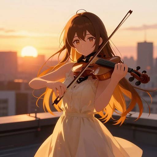 Anime-style digital drawing of a beautiful girl with long brown hair, yellow dress, and violin, playing on a rooftop at sunset.