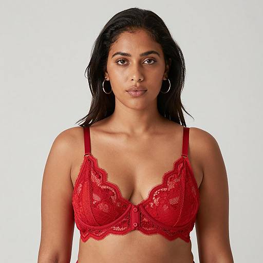 Woman Wearing Red Lace Bra with Hoop Earrings