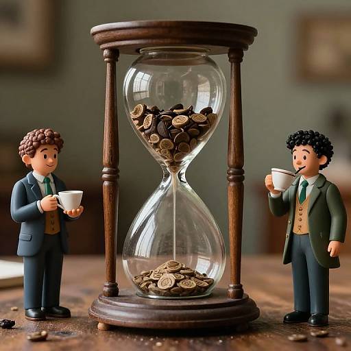 Photograph of two miniature figurines in suits, one holding a cup, the other sipping, standing by a wooden hourglass filled with coins.