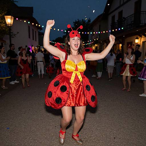 Photograph of a joyful woman in a red ladybug costume with black spots, yellow bow, red shoes, and antennae headpiece, dancing in