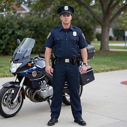 Photograph of a handsome male police officer in uniform standing confidently beside a black police motorcycle on a suburban street.