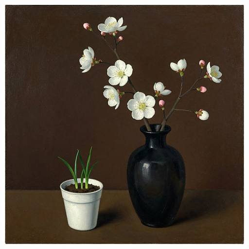 Photograph of a black vase with white cherry blossoms and pink buds beside a white pot with green grass, against a dark brown background.