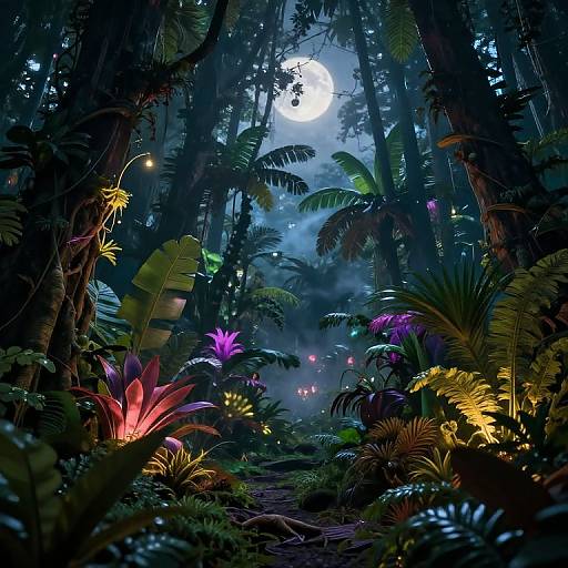 Surreal Tropical Rainforest Under Moonlight