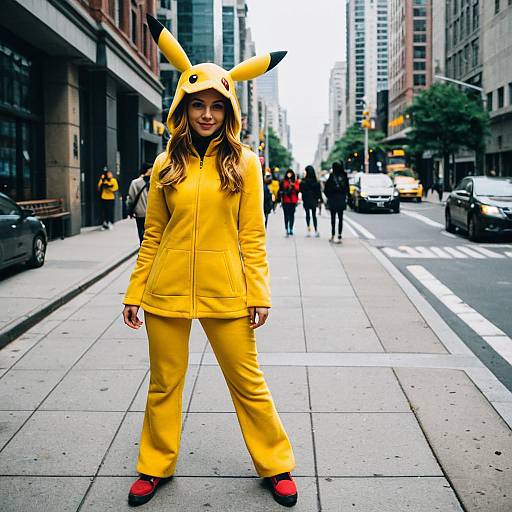 Woman in Pikachu Costume on Sidewalk
