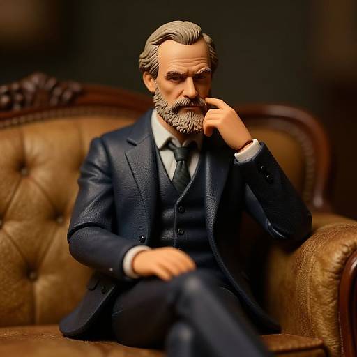 Photorealistic CGI of a serious, gray-haired, bearded man in a dark suit, sitting on a brown leather sofa, with a contemplative