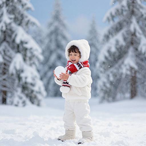 Photograph of a smiling young boy in a white winter coat and red scarf, holding snowball, in a snowy forest with snow-covered trees. Bright