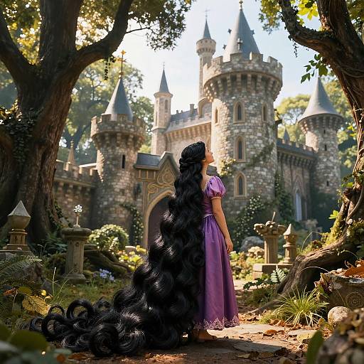 Digital illustration of a woman with long, wavy black hair in a purple dress, standing before a sunlit, fairy-tale castle surrounded by lush
