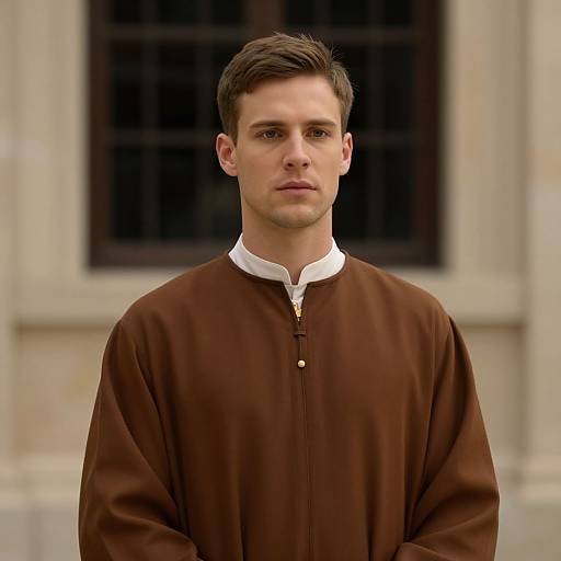 Photograph of a young Caucasian man with short brown hair, wearing a brown medieval-style tunic with a white collar, standing in front of a blurred