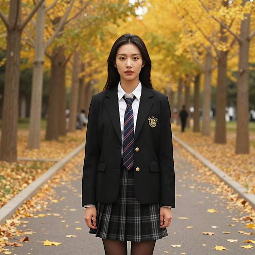Photograph of an Asian woman in a black school blazer, white shirt, striped tie, and plaid skirt, standing on a leaf-covered path