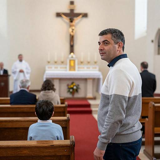Man Looking Back in Church Interior