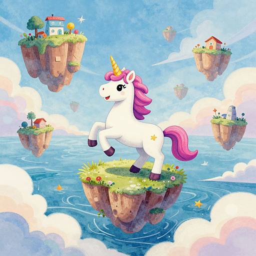 Colorful digital illustration of a white unicorn with a pink mane and horn, standing on a floating grassy island, surrounded by floating houses, clouds,