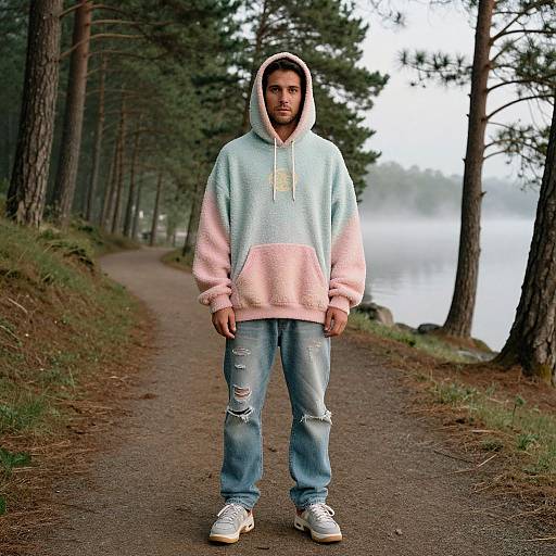 Photograph of a young man standing on a forest path, wearing a pastel blue and pink hoodie, ripped jeans, and white sneakers, with trees