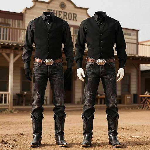 Photograph of two headless mannequins in black shirts, denim jeans, belts with silver buckles, and black boots, standing in front