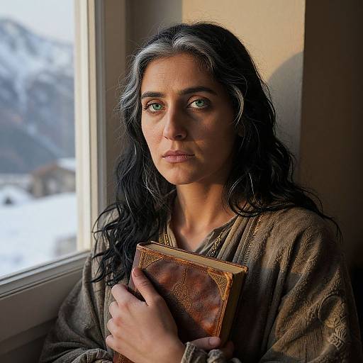 Photograph of a solemn woman with long black hair, green eyes, wearing a brown robe, holding a leather-bound book, sitting by a window with