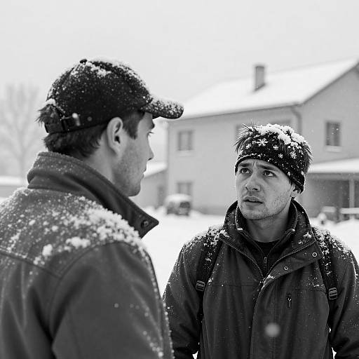 Two Men Talking in Snowstorm