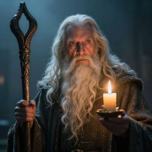 Photograph of an elderly, white-haired wizard with a long beard, holding a lit candle and ornate staff, in a dark, mystical blue-h