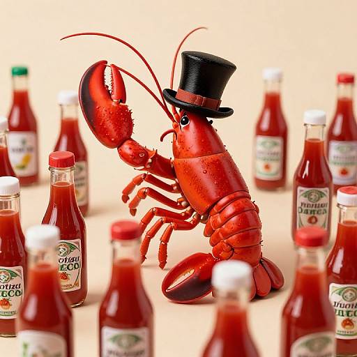 Photograph of a red cartoon lobster wearing a black top hat, standing amidst numerous bottles of Heinz ketchup.