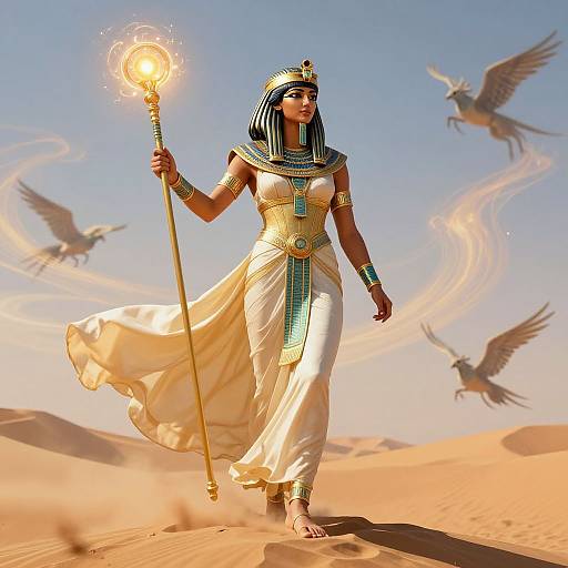 Digital illustration of an Egyptian goddess in white dress with gold and blue accents, holding a glowing staff, surrounded by flying birds, in a desert with sandy