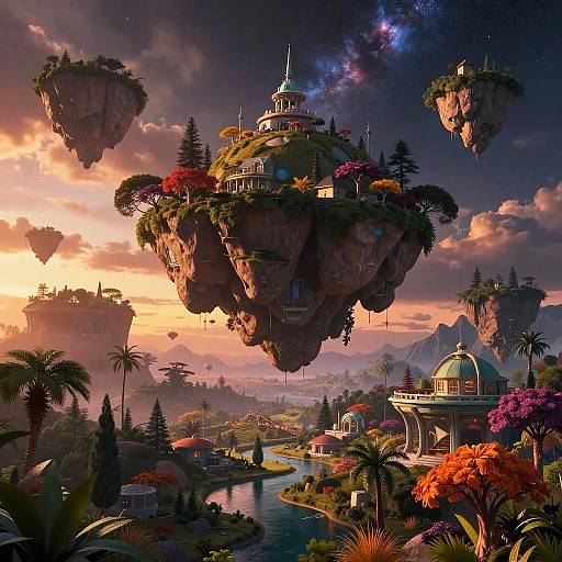 Fantasy digital artwork of floating cliff cities with colorful gardens, dome buildings, and vibrant sunset skies, surrounded by lush valleys.